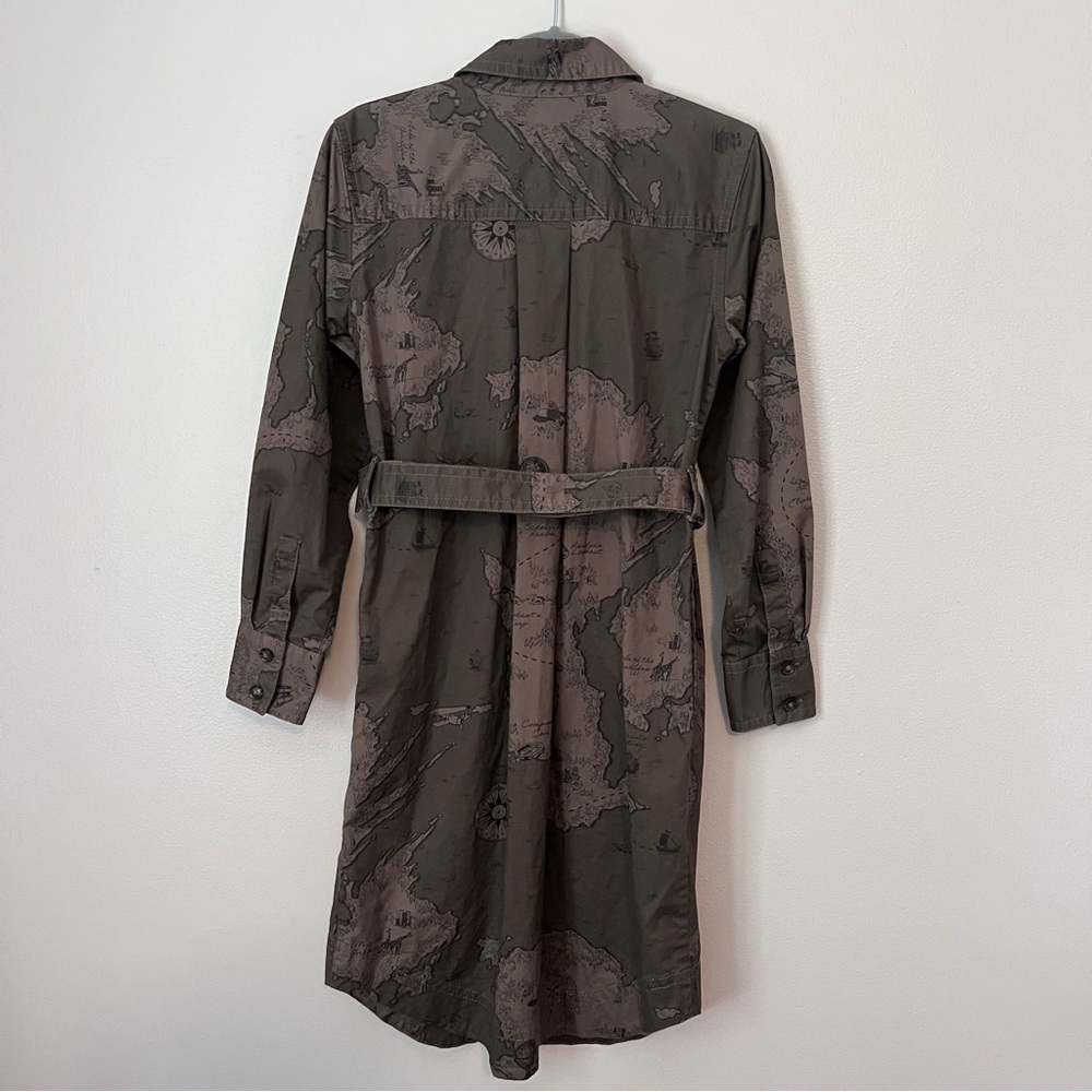 Banana Republic Map Print Safari Belted Button Front Utility Shirt Dress Green - Picture 7 of 8